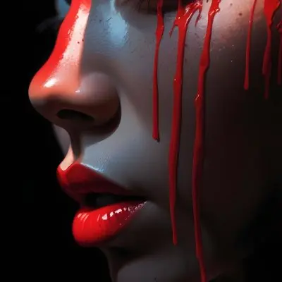 A Close Up Of A Woman S Face With Dramatic Red Makeup Dripping Down Her Cheeks Creating A Striking And Intense Visual Effect In Bright Daylight With A Plain Background 63 C31e