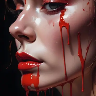 A Close Up Of A Woman S Face With Dramatic Red Makeup Dripping Down Her Cheeks Creating A Striking And Intense Visual Effect In Bright Daylight With A Plain Background 8 6f3d