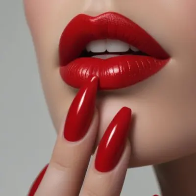 A Close Up Of A Woman S Face With Full Glossy Red Lips And Long Sharp Red Fingernails 1 De43