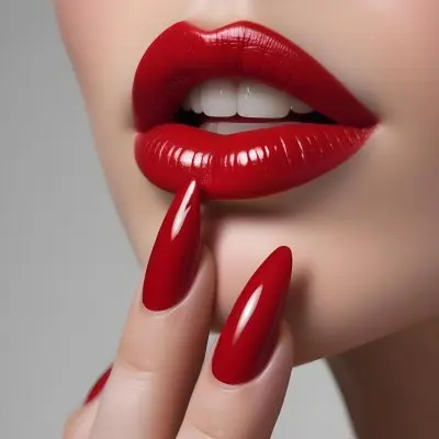 A Close Up Of A Woman S Face With Full Glossy Red Lips And Long Sharp Red Fingernails 2 3f3a