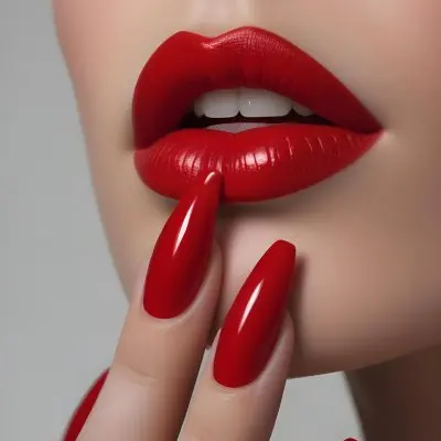 A Close Up Of A Woman S Face With Full Glossy Red Lips And Long Sharp Red Fingernails 4 D634