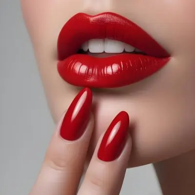 A Close Up Of A Woman S Face With Full Glossy Red Lips And Long Sharp Red Fingernails 7 F9f0