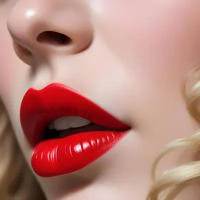 A Close Up Of A Woman S Face With Long Wavy Blonde Hair And Bright Red Lipstick Set Against A Soft Focus Background 4