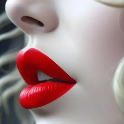 A Close Up Of A Woman S Face With Long Wavy Blonde Hair And Bright Red Lipstick Set Against A Soft Focus Background 9 E9ed