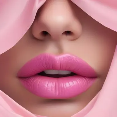 A Close Up Of A Woman S Face With Pink Lips And A Pink Fabric Covering The Rest Of Her Face Revealing Only Her Eyes And Nose 2 6c00