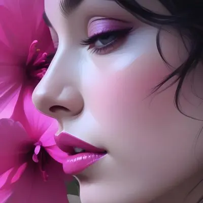 A Close Up Of A Woman S Face With Pink Lips And A Pink Flower In The Background 20 D223