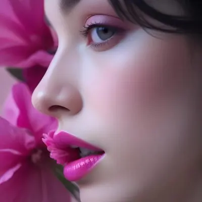 A Close Up Of A Woman S Face With Pink Lips And A Pink Flower In The Background 29 3765