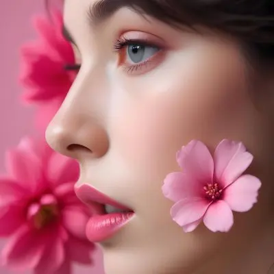 A Close Up Of A Woman S Face With Pink Lips And A Pink Flower In The Background 46 4cce