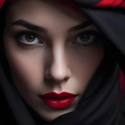 A Close Up Of A Woman S Face With Red Lips And A Red Scarf Or Fabric Draped Over Her Face Creating A Dramatic Effect Against A Dark Background 14 Ab59