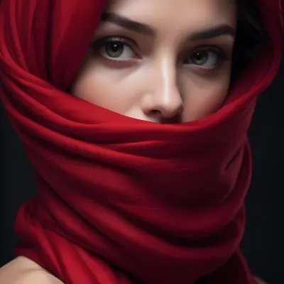 A Close Up Of A Woman S Face With Red Lips And A Red Scarf Or Fabric Draped Over Her Face Creating A Dramatic Effect Against A Dark Background 16 Fc3b