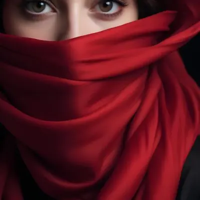 A Close Up Of A Woman S Face With Red Lips And A Red Scarf Or Fabric Draped Over Her Face Creating A Dramatic Effect Against A Dark Background 17 C717