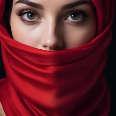 A Close Up Of A Woman S Face With Red Lips And A Red Scarf Or Fabric Draped Over Her Face Creating A Dramatic Effect Against A Dark Background 18 1995