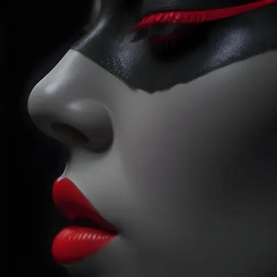 A Close Up Of A Woman S Face With Red Lips And A Red Scarf Or Fabric Draped Over Her Face Creating A Dramatic Effect Against A Dark Background 2 11be