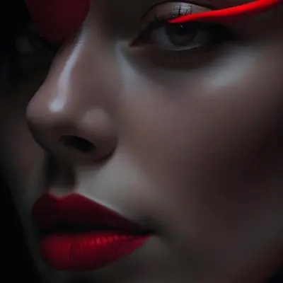 A Close Up Of A Woman S Face With Red Lips And A Red Scarf Or Fabric Draped Over Her Face Creating A Dramatic Effect Against A Dark Background 20 794c