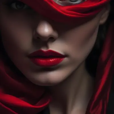 A Close Up Of A Woman S Face With Red Lips And A Red Scarf Or Fabric Draped Over Her Face Creating A Dramatic Effect Against A Dark Background 21 5c38