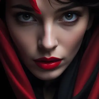 A Close Up Of A Woman S Face With Red Lips And A Red Scarf Or Fabric Draped Over Her Face Creating A Dramatic Effect Against A Dark Background 22 4a39