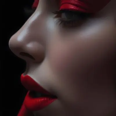 A Close Up Of A Woman S Face With Red Lips And A Red Scarf Or Fabric Draped Over Her Face Creating A Dramatic Effect Against A Dark Background 23 8681