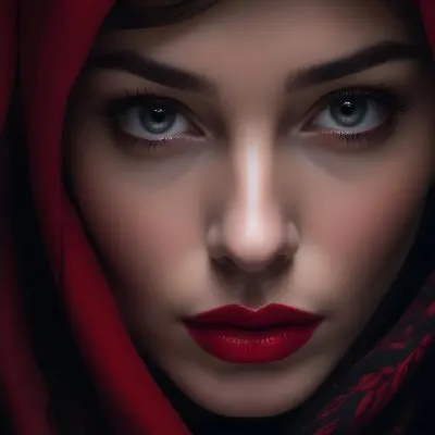 A Close Up Of A Woman S Face With Red Lips And A Red Scarf Or Fabric Draped Over Her Face Creating A Dramatic Effect Against A Dark Background 24 74b6