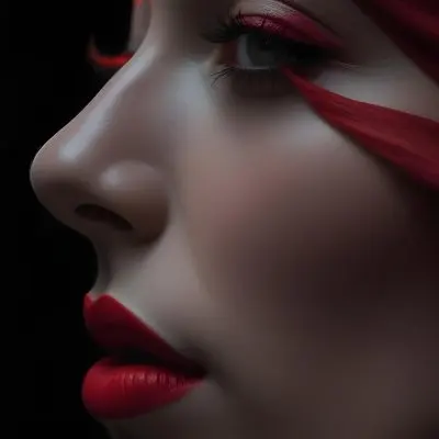 A Close Up Of A Woman S Face With Red Lips And A Red Scarf Or Fabric Draped Over Her Face Creating A Dramatic Effect Against A Dark Background 29 B58b
