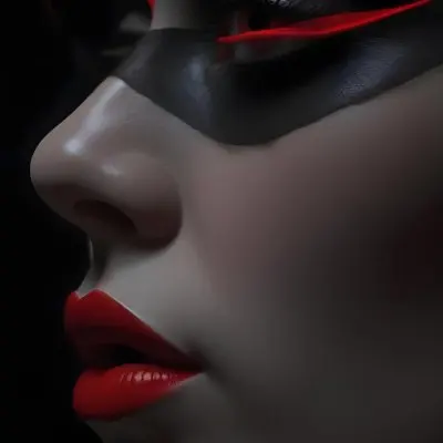 A Close Up Of A Woman S Face With Red Lips And A Red Scarf Or Fabric Draped Over Her Face Creating A Dramatic Effect Against A Dark Background 35 72f2