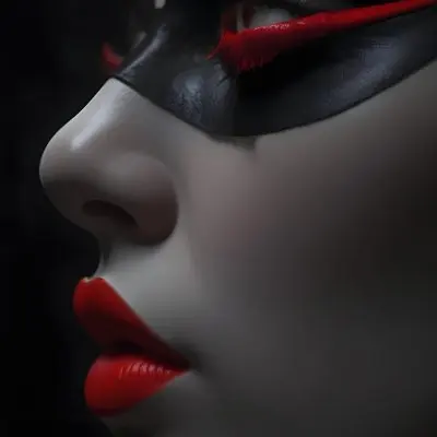 A Close Up Of A Woman S Face With Red Lips And A Red Scarf Or Fabric Draped Over Her Face Creating A Dramatic Effect Against A Dark Background 38 0c62