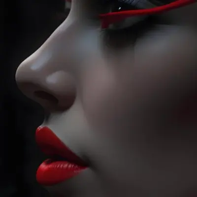 A Close Up Of A Woman S Face With Red Lips And A Red Scarf Or Fabric Draped Over Her Face Creating A Dramatic Effect Against A Dark Background 6 4341