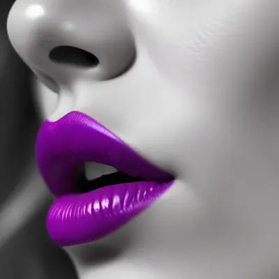 A Close Up Of A Woman S Face With Vibrant Purple Lips Against A Blurred Black And White Background 13 E445