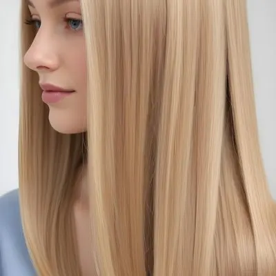A Close Up Of A Woman S Long Straight Blonde Hair With Subtle Highlights And A Smooth Shiny Texture 7