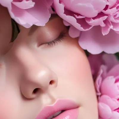 A Close Up Of A Young Woman With Fair Skin And Light Colored Hair Her Eyes Closed She Has Soft Pink Makeup On Her Eyelids And Lips Surrounding Her Head Are Large Pink Peonies Creating A Floral Crown Effect The Ba 20 6df7