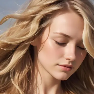 A Close Up Of A Young Woman With Long Flowing Blonde Hair The Hair Appears To Be Styled In A Windblown Wavy Look With Highlights And Lowlights Creating A Natural Sun Kissed Effect The Woman S Eyes A 1 02a5