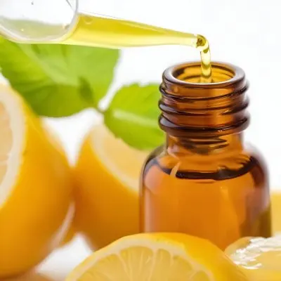 A Close Up Of An Amber Glass Bottle With A Dropper Positioned Among Fresh Lemons And Green Mint Leaves A Drop Of Green Liquid Is About To Fall From The Dropper Into The Bottle The Background Is Light And Bright Emph 13 0318