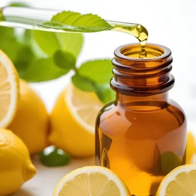 A Close Up Of An Amber Glass Bottle With A Dropper Positioned Among Fresh Lemons And Green Mint Leaves A Drop Of Green Liquid Is About To Fall From The Dropper Into The Bottle The Background Is Light And Bright Emph 18 Ecc9