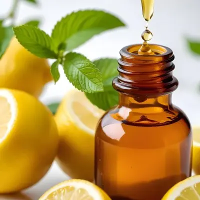 A Close Up Of An Amber Glass Bottle With A Dropper Positioned Among Fresh Lemons And Green Mint Leaves A Drop Of Green Liquid Is About To Fall From The Dropper Into The Bottle The Background Is Light And Bright Emph 20 0320