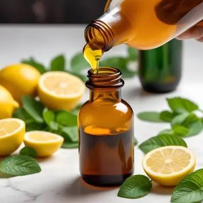 A Close Up Of An Amber Glass Bottle With A Dropper Positioned Among Fresh Lemons And Green Mint Leaves A Drop Of Green Liquid Is About To Fall From The Dropper Into The Bottle The Background Is Light And Bright Emph 21 61ee
