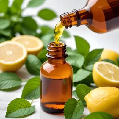 A Close Up Of An Amber Glass Bottle With A Dropper Positioned Among Fresh Lemons And Green Mint Leaves A Drop Of Green Liquid Is About To Fall From The Dropper Into The Bottle The Background Is Light And Bright Emph 26 48fc