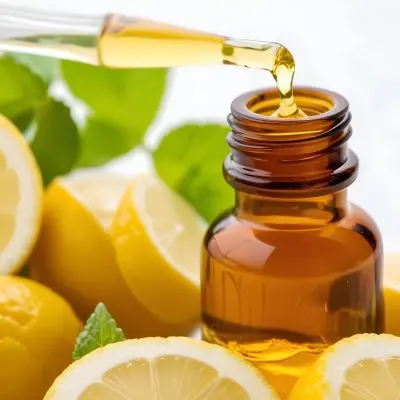 A Close Up Of An Amber Glass Bottle With A Dropper Positioned Among Fresh Lemons And Green Mint Leaves A Drop Of Green Liquid Is About To Fall From The Dropper Into The Bottle The Background Is Light And Bright Emph 32 544f