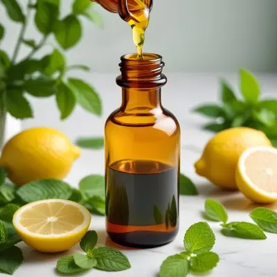 A Close Up Of An Amber Glass Bottle With A Dropper Positioned Among Fresh Lemons And Green Mint Leaves A Drop Of Green Liquid Is About To Fall From The Dropper Into The Bottle The Background Is Light And Bright Emph 34 F93e