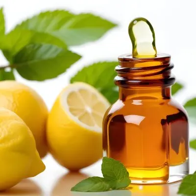 A Close Up Of An Amber Glass Bottle With A Dropper Positioned Among Fresh Lemons And Green Mint Leaves A Drop Of Green Liquid Is About To Fall From The Dropper Into The Bottle The Background Is Light And Bright Emph 6 F78b