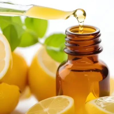 A Close Up Of An Amber Glass Bottle With A Dropper Positioned Among Fresh Lemons And Green Mint Leaves A Drop Of Green Liquid Is About To Fall From The Dropper Into The Bottle The Background Is Light And Bright Emph 7 F026
