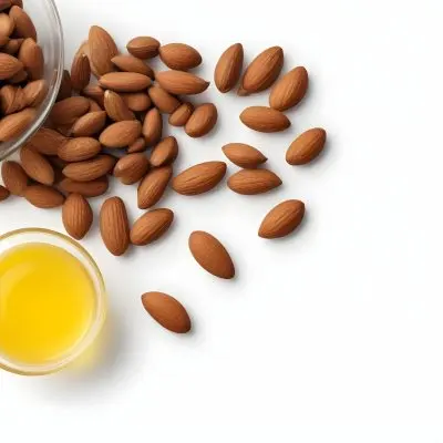 A Close Up Of Brown Hair Strands A Bowl Of Yellow Liquid And Some Almonds On A White Background 43 2201