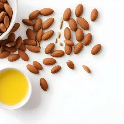 A Close Up Of Brown Hair Strands A Bowl Of Yellow Liquid And Some Almonds On A White Background 48 5635