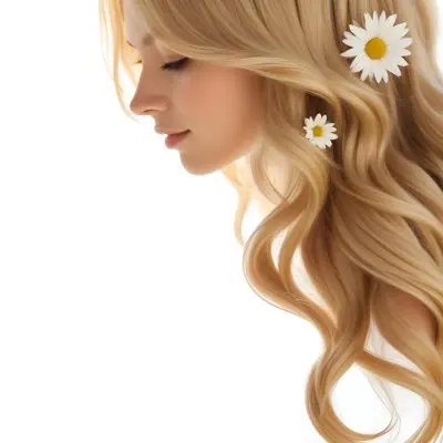 A Close Up Of Long Wavy Blonde Hair With White Daisy Flowers Woven Throughout In Bright Sunlight 16 Fb06