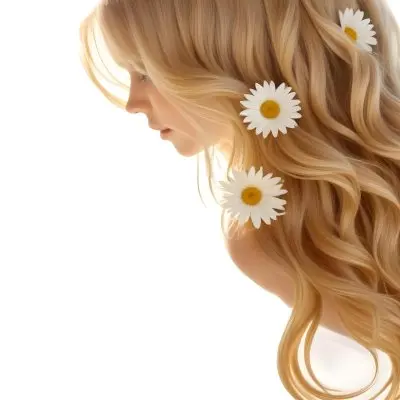 A Close Up Of Long Wavy Blonde Hair With White Daisy Flowers Woven Throughout In Bright Sunlight 8