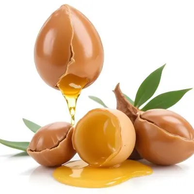 A Close Up Of Several Argan Nuts With Cracked Shells Revealing The Golden Argan Oil Inside The Argan Nuts Are Surrounded By Green Leaves Highlighting The Natural Setting 10 404c