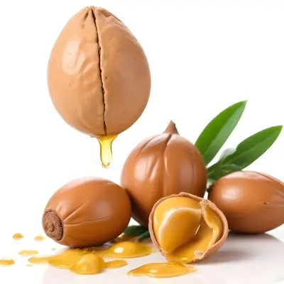 A Close Up Of Several Argan Nuts With Cracked Shells Revealing The Golden Argan Oil Inside The Argan Nuts Are Surrounded By Green Leaves Highlighting The Natural Setting 2 5223