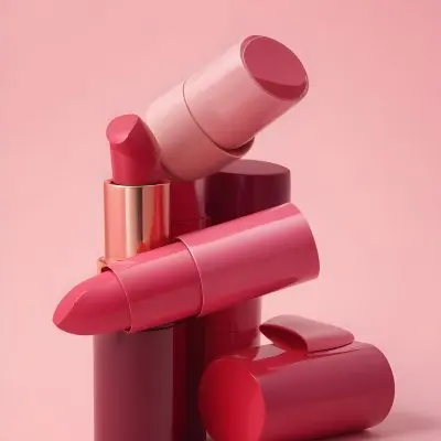 A Close Up Of Several Lipstick Tubes In Various Shades Of Red And Pink Against A Pink Background 5