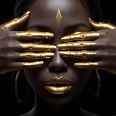 A Close Up Portrait Of A Dark Skinned Woman With Gold Painted Hands Covering Her Face Leaving Only Her Lips Visible 5 B04e