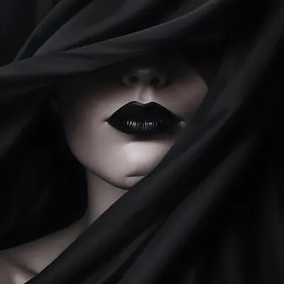 A Close Up Portrait Of A Woman S Face Partially Obscured By Dark Fabric With Dramatic Black Lips And Intense Gaze 8