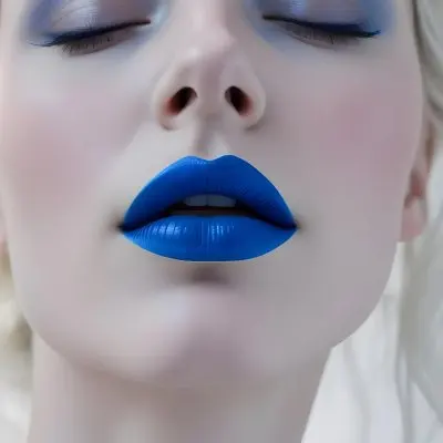 A Close Up Portrait Of A Woman With Bright Blue Lips And Eyes Closed 11 323a