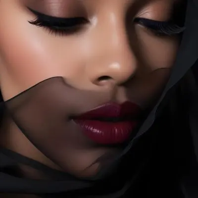 A Close Up Portrait Of A Woman With Dark Skin Full Lips Painted In A Deep Red Lipstick And Long Eyelashes She Is Wearing A Sheer Black Veil Or Scarf That Partially Obscures Her Face Creating A Mysterious And Dra 14 Eb5c